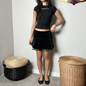 vintage 90s betsey johnson new york black velvet tiered mesh tulle mini skirt